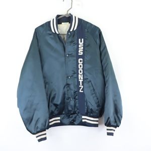 80s Mens Large USS Coontz Navy Bomber Jacket Blue